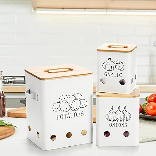 WUWEOT 3 Pack Vegetable Storage Tins, Metal Onion Garlic Potato Jars