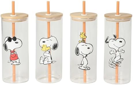 Peanuts Snoopy Happy Sips 4 Piece 23 OZ Tumbler Set with 4 Bamboo Lids