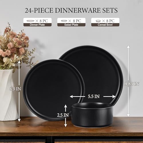 E-far 24-Piece Stoneware Dinnerware Sets, Plates and Bowls Set for 8, Black
