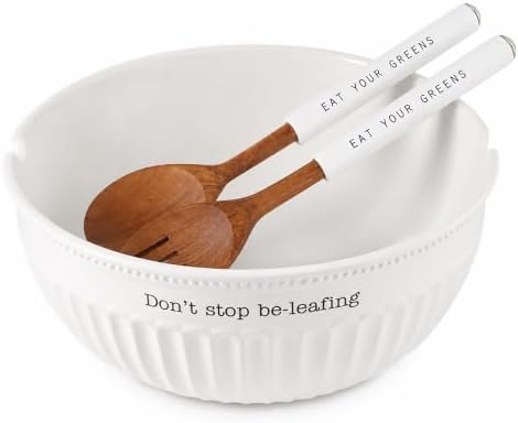 Mud Pie Dolomite, wood Don't Stop Be-Leafing Salad Bowl Set, 32 oz