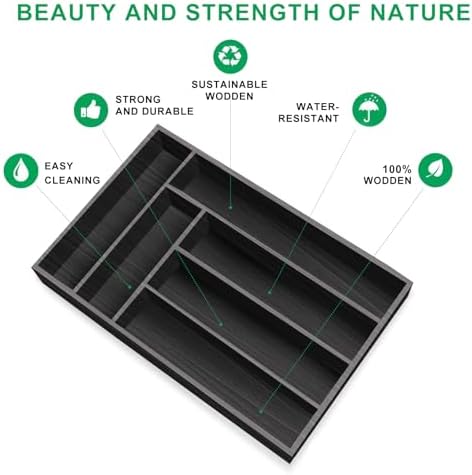 Wooden Cutlery Utensil Tray Black Kitchen Silverware Drawer Organizer