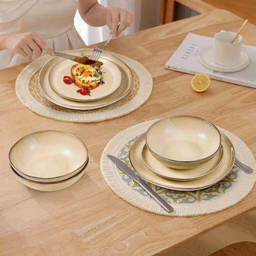Herogo Dinnerware Sets for 8, 24pcs Stoneware Dinner Dish Set, Irregular Handmade Plates and Bowls Dishware, Microwave & Dishwasher Safe, Cream Khaki