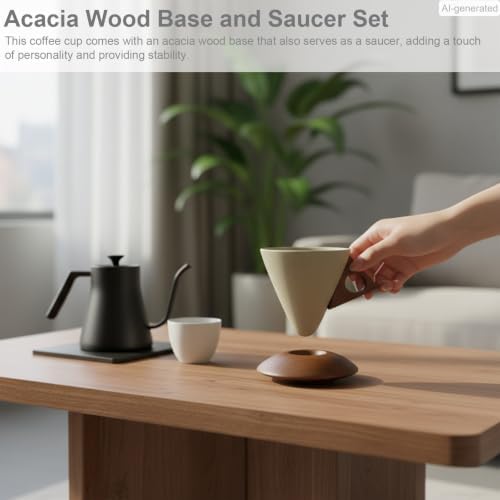 Cone Ceramic Coffee Mug with Acacia Wood Base - Conical Espresso Cup