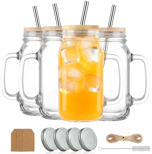 24 oz Mason Jar Cups Glass Drinking Jars with Handles Set of 4