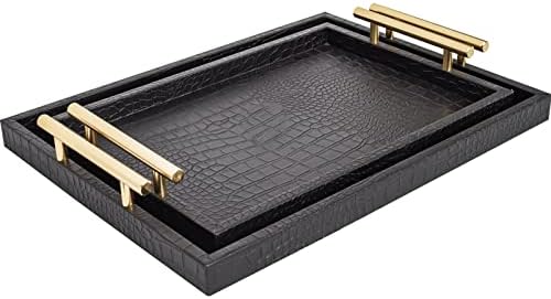 Set of 2 Modern Elegant Large Wood Serving Tray, Rectangle Decorative