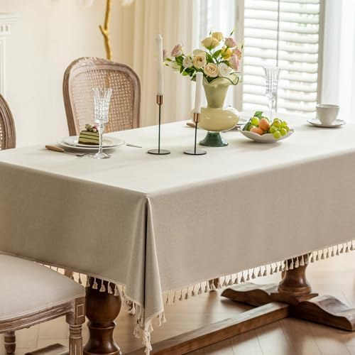 Heavyweight Polyester Square Tablecloth with Tassels, Warm Beige, 55 x