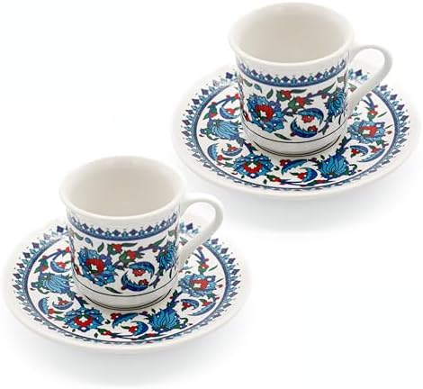 Turkish Coffee Cups Set of 2 with Saucers and Cup Holder, Ceramic