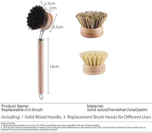 Bamboo Dish Brush with Handle, 3 Natural Bristle Heads