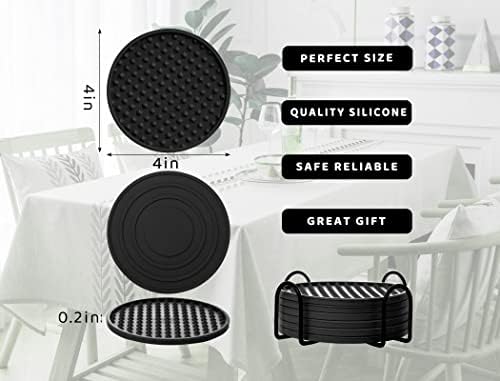 6 Pack Silicone Coasters for Drinks Rubber Coaster with Holder-Black
