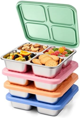 4 Pack Stainless Steel Snack Containers with Silicone Lids, Leakproof