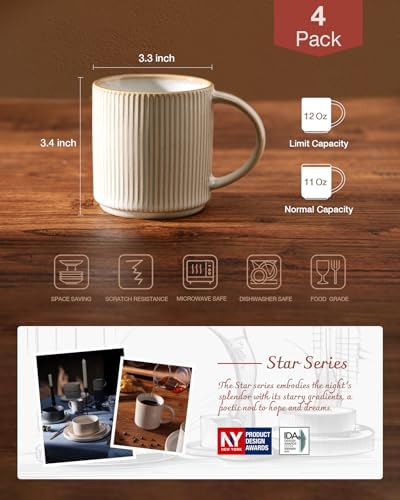 famiware Coffee Mug Set of 4, Star 12 oz Ceramic Mugs Cups Set with