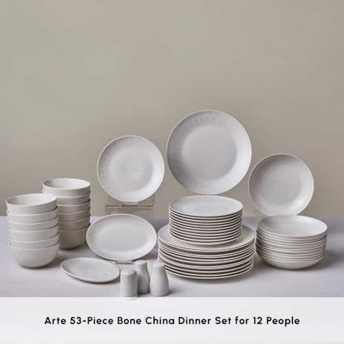 Karaca Forever Bone China Artiste 53-Piece Dinnerware Set for 12, White Porcelain Dining Set with Dinner Plates, Side Plates, Pasta Bowls, Cereal Bowls & Serving Platters