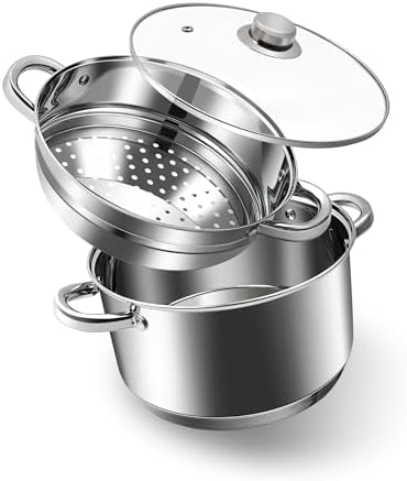 AuFranc® 4 Quart 18/10 Stainless Steel Tri-ply Stockpot and Steamer with Tempered Glass Lid, Multipurpose Steamer Pot Compatible with All Cooktops, Non-Toxic Soup Pot, Oven & Dishwasher Safe (Silver)