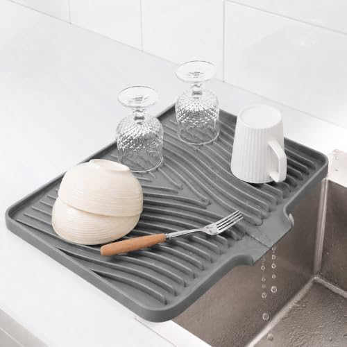 Silicone Dish Drying Mat 16" x 13", Built-In Drain, Non-Slip, Gray
