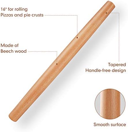 Wood French Rolling Pin for Baking, QUELLANCE Wooden Dough Roller with