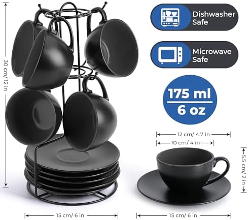 MIAMIO - Set of 6, Ceramic Stackable Cappuccino Cups Set / 6 Ounce