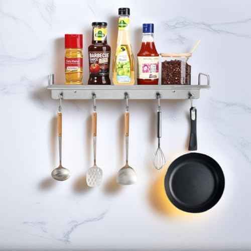 Spice Holder Rack, Coffee Mugs Storager Rack for Glass Jars Bottles, 304 Stainless Steel Shelf, Heavy Duty Kitchen Organizer Wall Mounted, Pots Pans Hanger Holder, 16 Inch With 5 Hooks (Silver)
