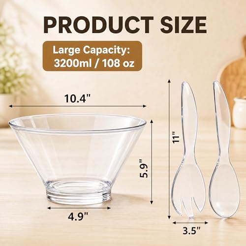 Covzoe 108 Oz Acrylic Salad Bowl with Serving Utensils, 10.4 Inch