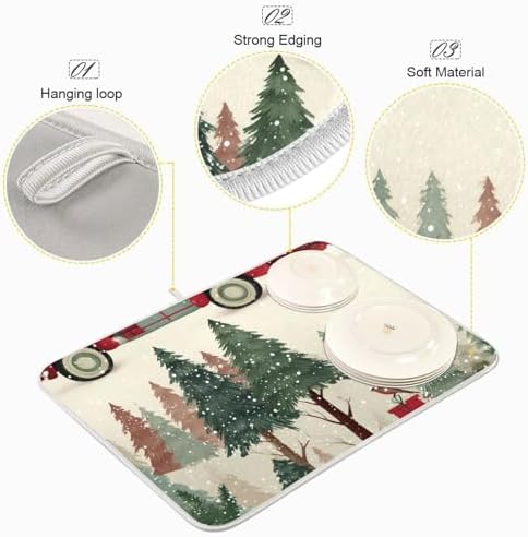 OTVEE Red Truck Xmas Joy Dish Drying Mat for Kitchen Counter Absorbent