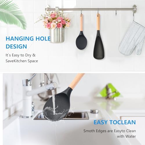 2 Pcs Wooden Handle Silicone Cooking Spoon Set for Nonstick Cookware