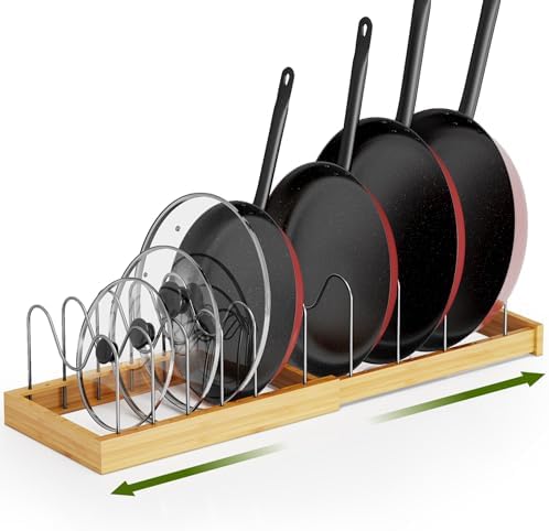 Tomorotec Bamboo Pot Lid Holder with Adjustable Stainless Steel