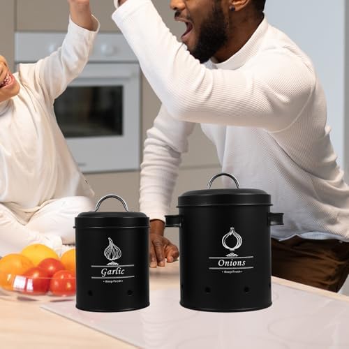 2pcs Black Metal Potato and Onion Storage Bin for Pantry Kitchen Use