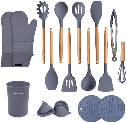 OVENTE Silicone Cooking Utensils Set, 17-Piece, Grey