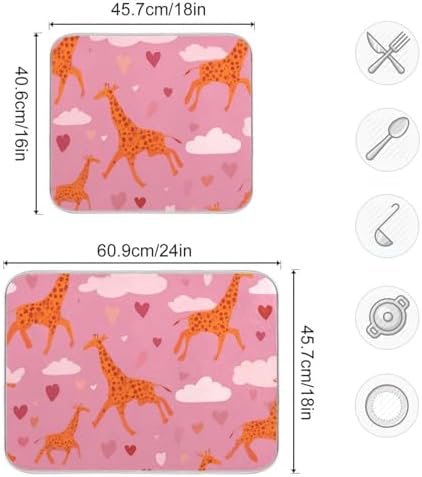 OTVEE Pink Giraffe Art Dish Drying Mat for Kitchen Counter Absorbent