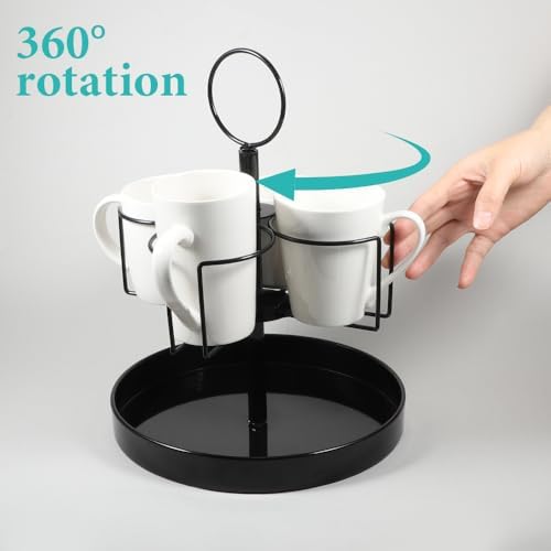 4 Mugs Stand Holder, Rotatable Metal Coffee & Beer Mug Rack with Tray