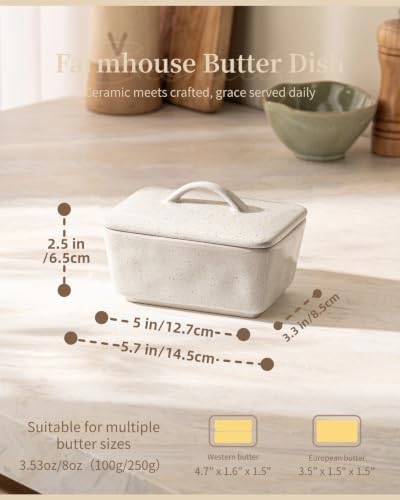 Besmeety Ceramic Butter Dish with Lid for Countertop, European 250g