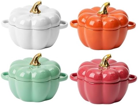 Pumpkin Bowl Set with Lid and Handle, Set of 4 Ceramic Ramekins for