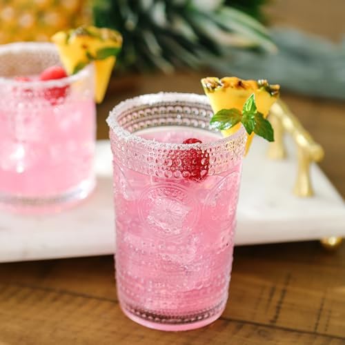 Hobnail Beaded Floral Clear Drinking Glasses Set of 6, (13 oz) Vintage