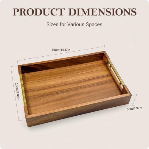 Acacia Wood Serving Tray with Metal Handles,14.2" x 9.8" Decorative
