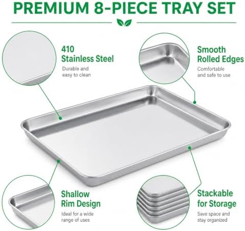 Acrux7 Quarter Sheet Pan Set of 8, Stainless Steel Baking Trays