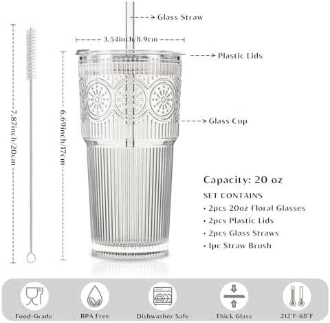 INSETLAN 20 oz Iced Coffee Cups with Lids and Straw, Set of 2 Glass