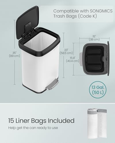 SONGMICS Kitchen Trash Can, 13-Gallon, Stainless Steel