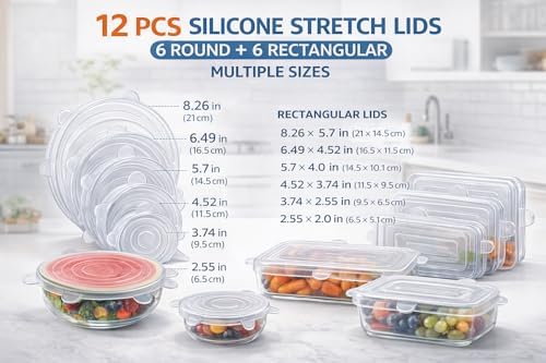 Reusable Silicone Food Covers, 12-Pack, Round & Rectangular
