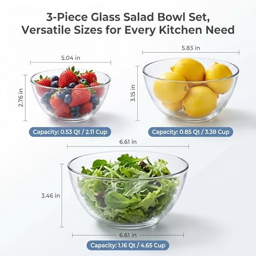 Glass Bowl Set of 3, Deep Sided Salad & Mixing Bowls,Stackable