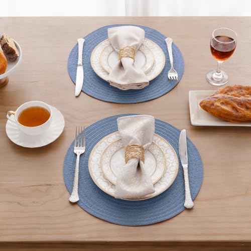 SHACOS 13" Round Braided Placemats Set of 4, Dusty Blue Washable Place