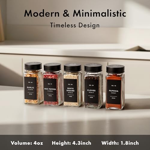 EDELHAUS Glass Spice Jars with Label, Seasoning Set, 24x Black Steel