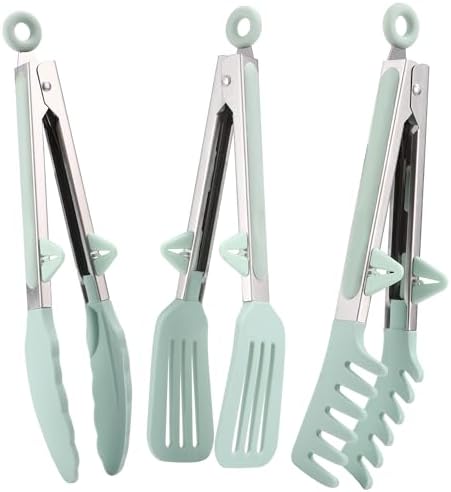 3-Piece 26 cm Stainless Steel Silicone Tip Tongs Set, Green