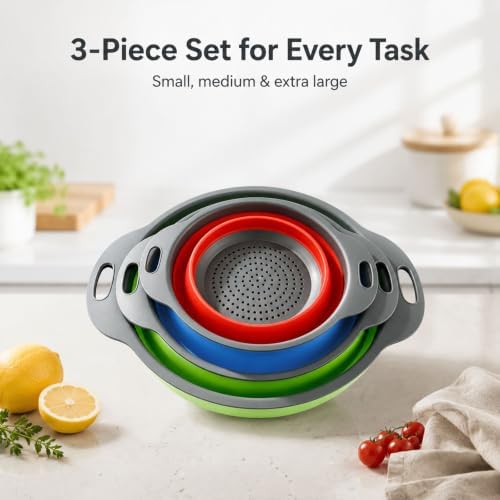 Collapsible Colander Set, 3 Pack Silicone Kitchen Strainer Set, Space