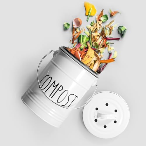 Kitchen Compost Bin, 1 Gallon Countertop Bin with Lid, White