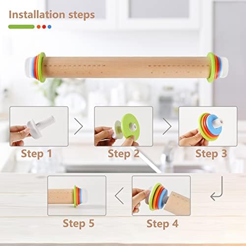 Yasashii Wood Rolling Pin With 4 Adjustable Thickness Rings, Non-stick
