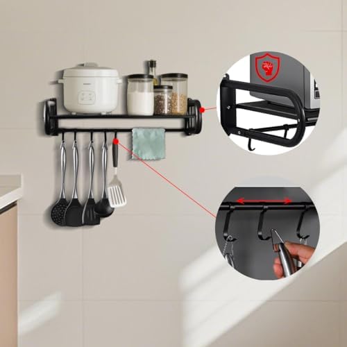 Wall-Mounted Microwave Shelf with 5 Hooks, 30kg Capacity