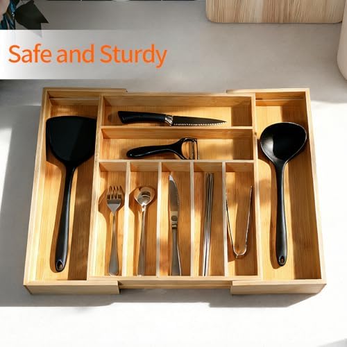 Bamboo Kitchen Drawer Organizer, Expandable Cutlery Tray, Adjustable