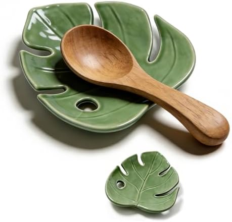 Ceramic Spoon Rest for Kitchen Counter, Leaf Shaped Decorative Utensil