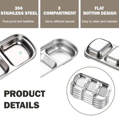 6 Pcs Soy Sauce Dish Stainless Steel 3 Compartment Korean Sauce Plate