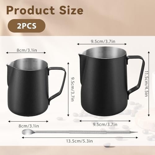 2 Pack Matte Black Milk Frothing Pitcher, 12oz/350ml and 20oz/600ml
