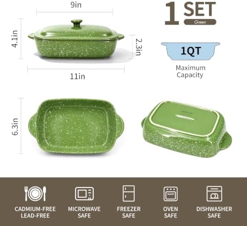 Ceramic Baking Dish with Lid for Casseroles (Green, 1 Qt)